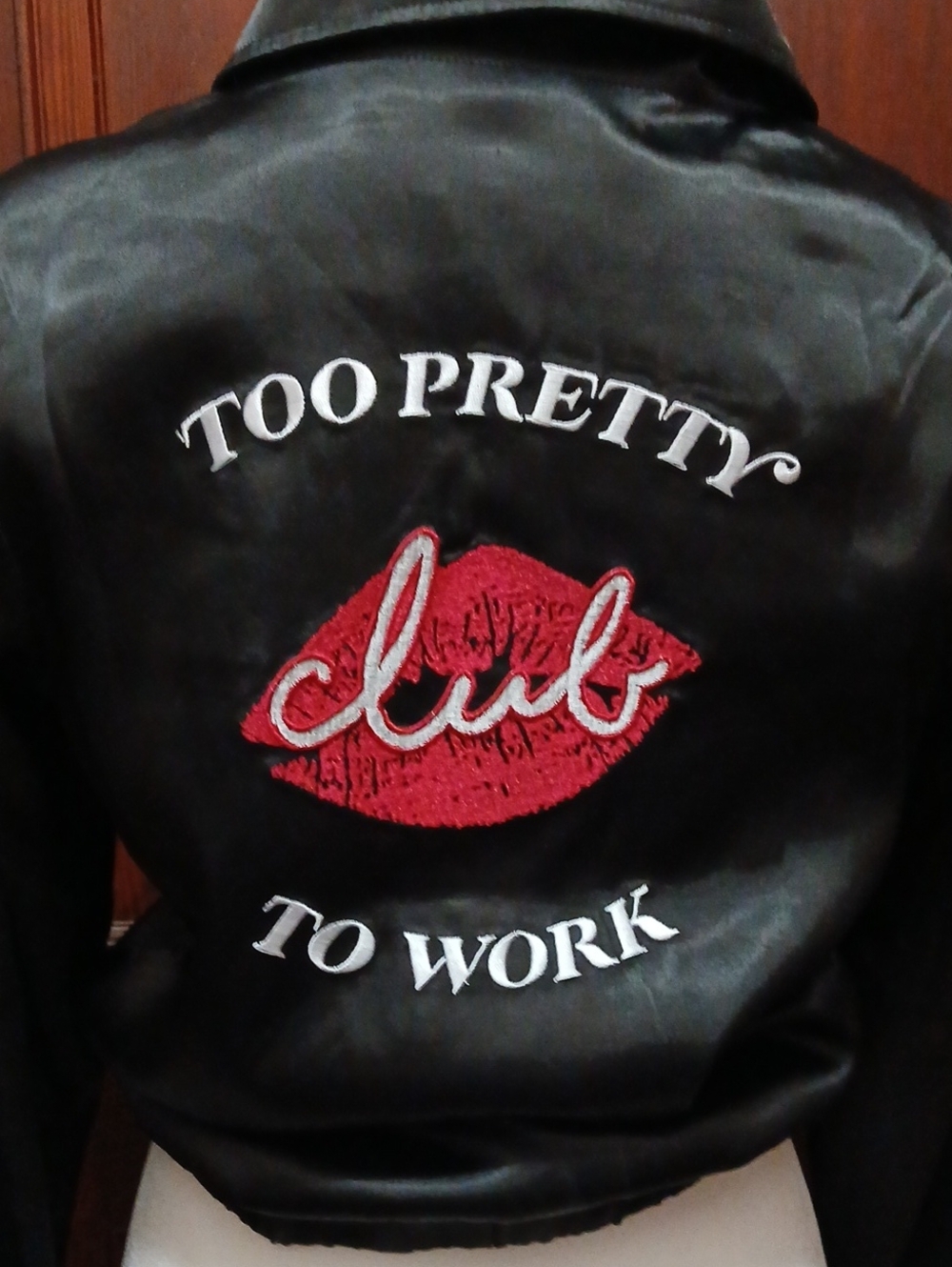 Valfre Black Satin Bomber Jacket with Red Lip Embroidery